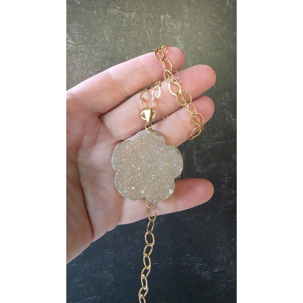 14K Yellow Gold Filled Pink Druzy Pendant Necklace Vintage